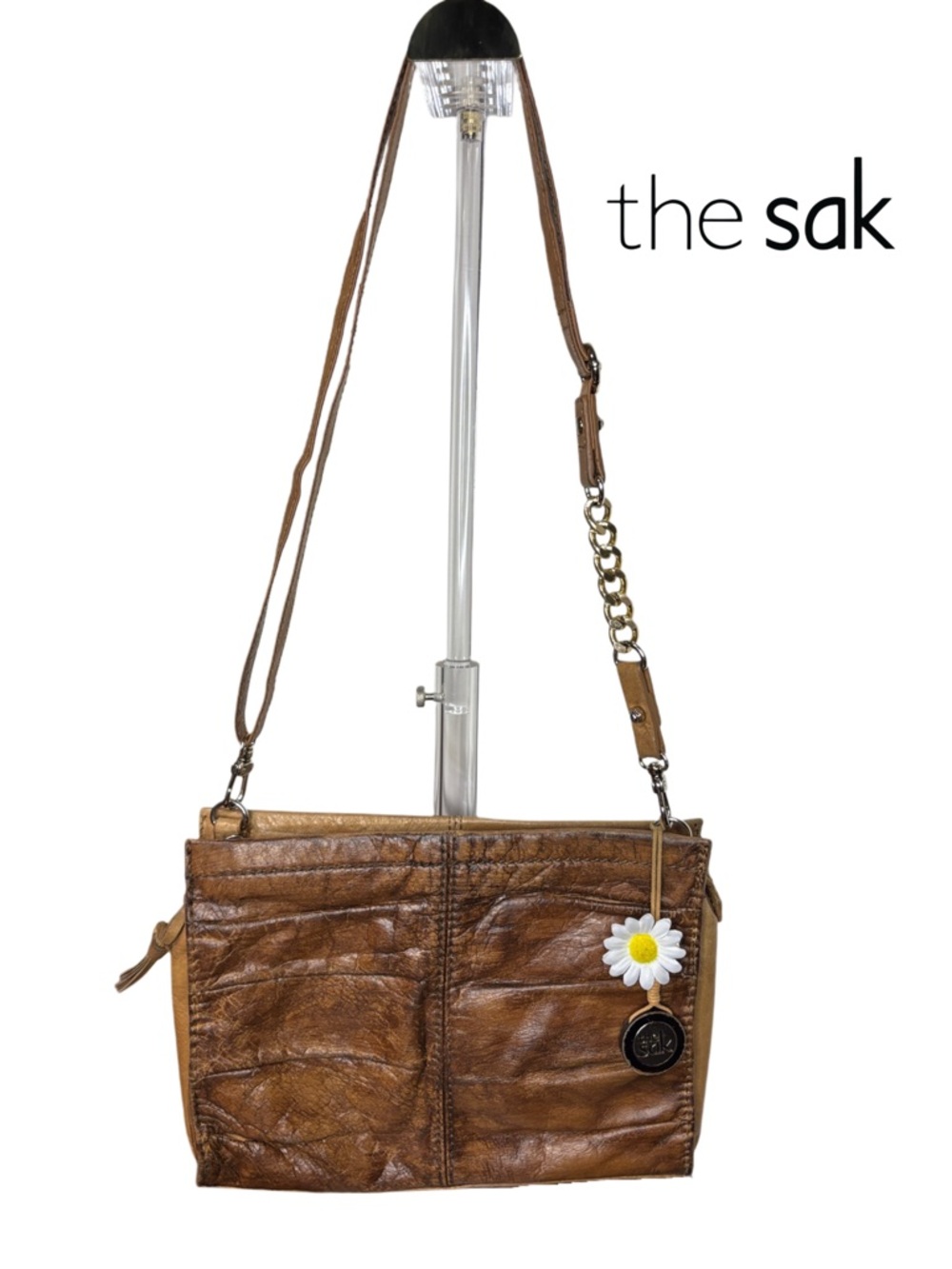 THE SAK distressed brown leather crossbody bag with daisy charm - Picture 15 of 15